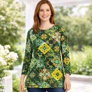 LOGO Layers Printed A-Line Tunic Top Green/Multi